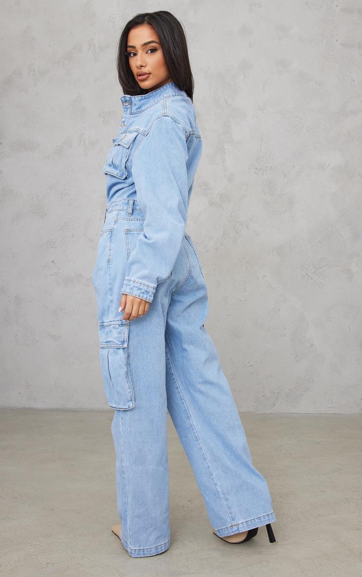 Petite Light Blue Wash Denim Cargo Wide Leg Jumpsuit Product Image