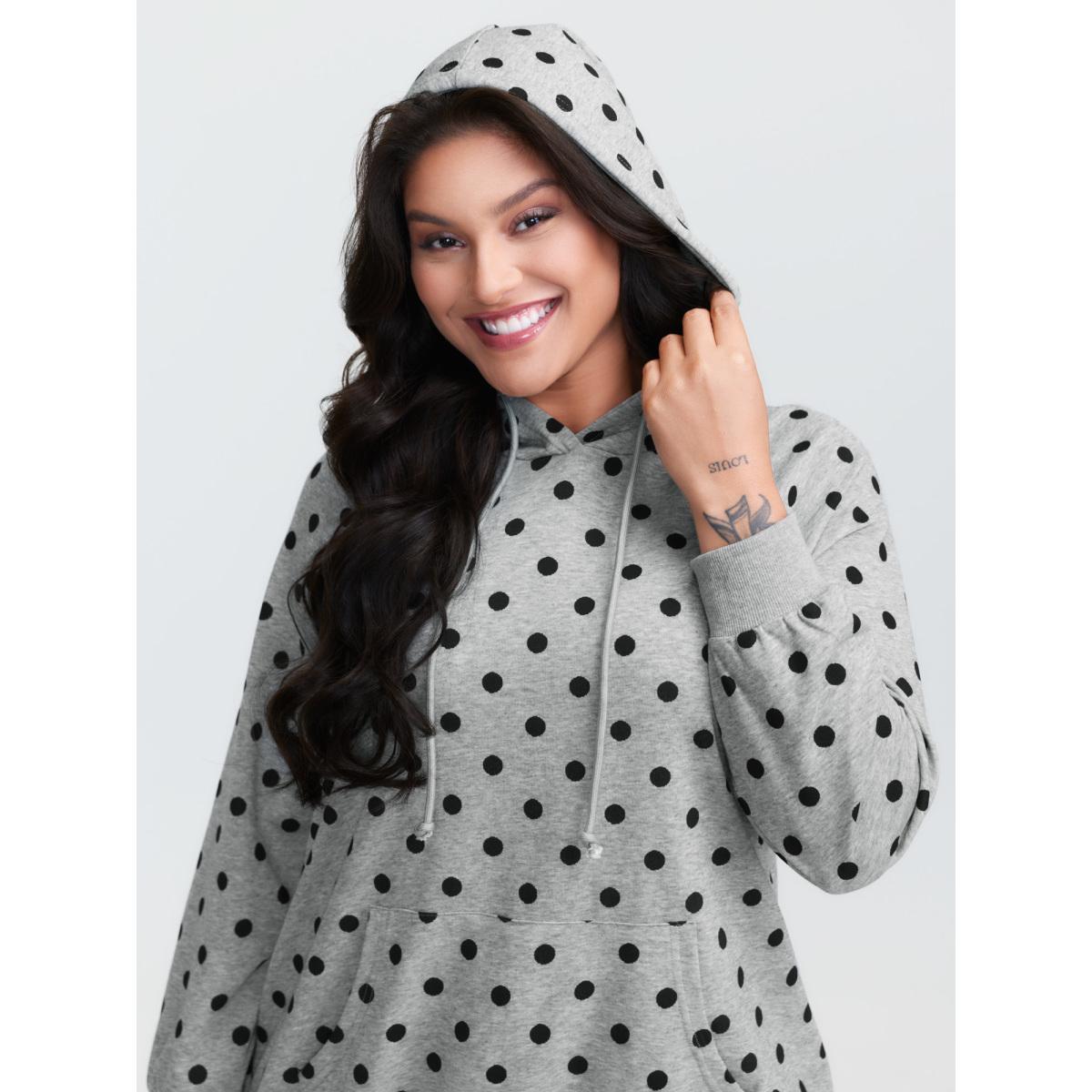 Plus Size Polka Dot Drawstring Neck Hoodie Women DarkGray Leisure Drawstring Hooded Casual Sweatshirts BloomChic 18-20/2X Product Image