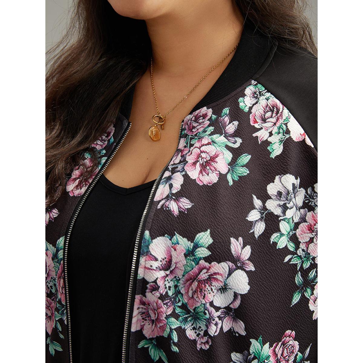 Plus Size Floral Patchwork Zipper Pocket Jacket Women BlackFlower Elastic cuffs Pocket Everyday Jackets BloomChic 10/M Product Image