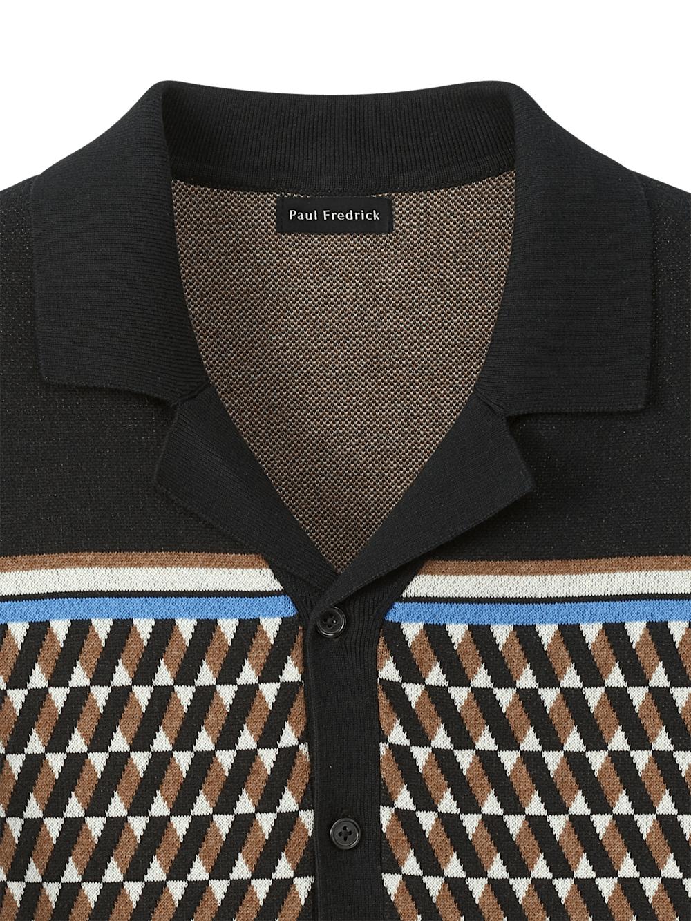 Cotton Button Front Camp Collar Sweater - Black/brown Product Image
