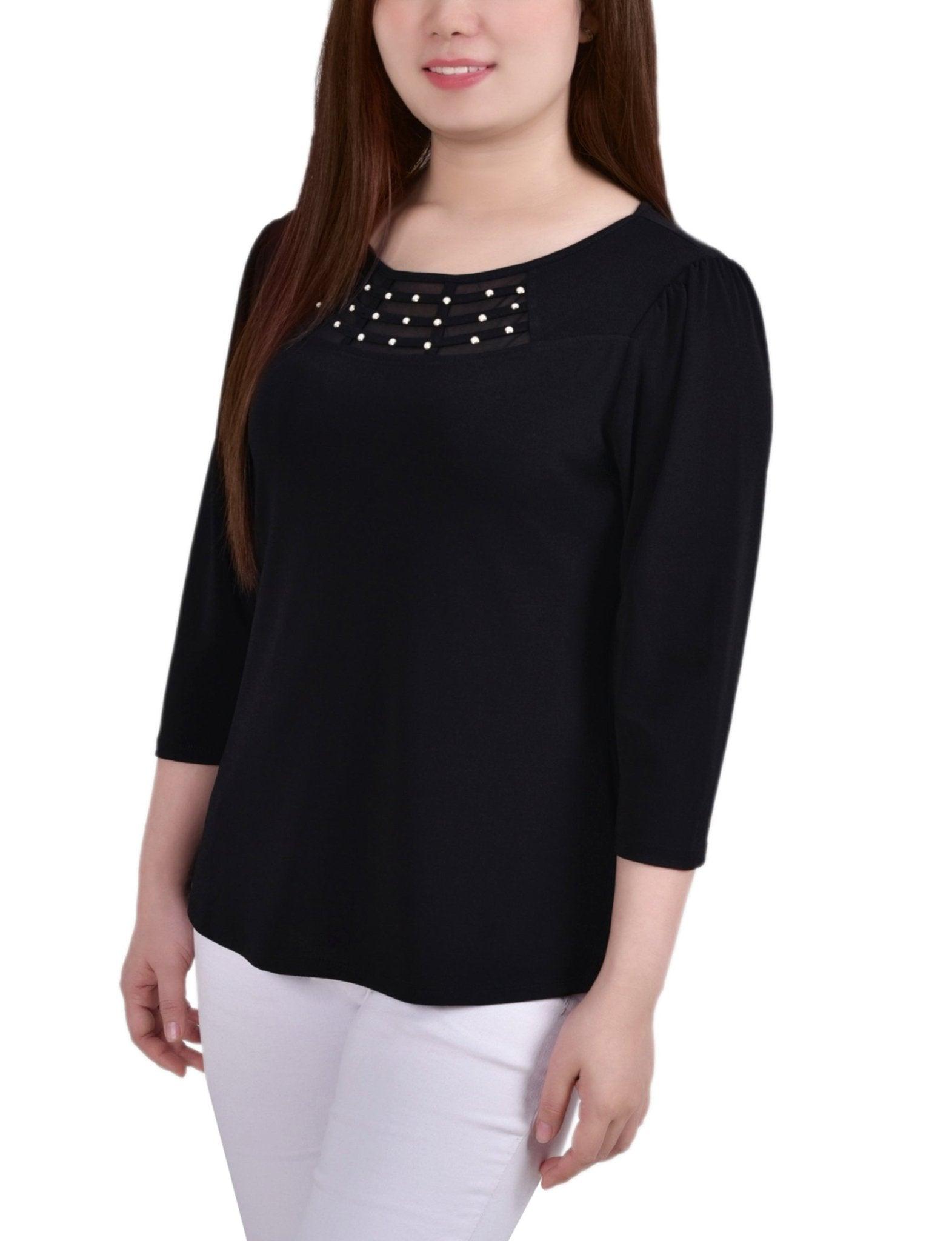 Black 3/4 Crepe Top With Mesh Inset and Studs - Petite Product Image
