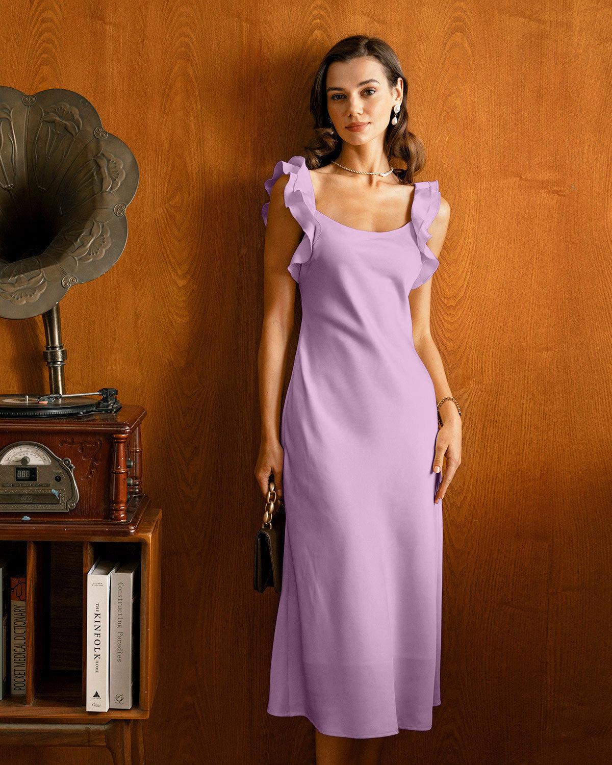 Purple Ruffle Slip Midi Dress Product Image