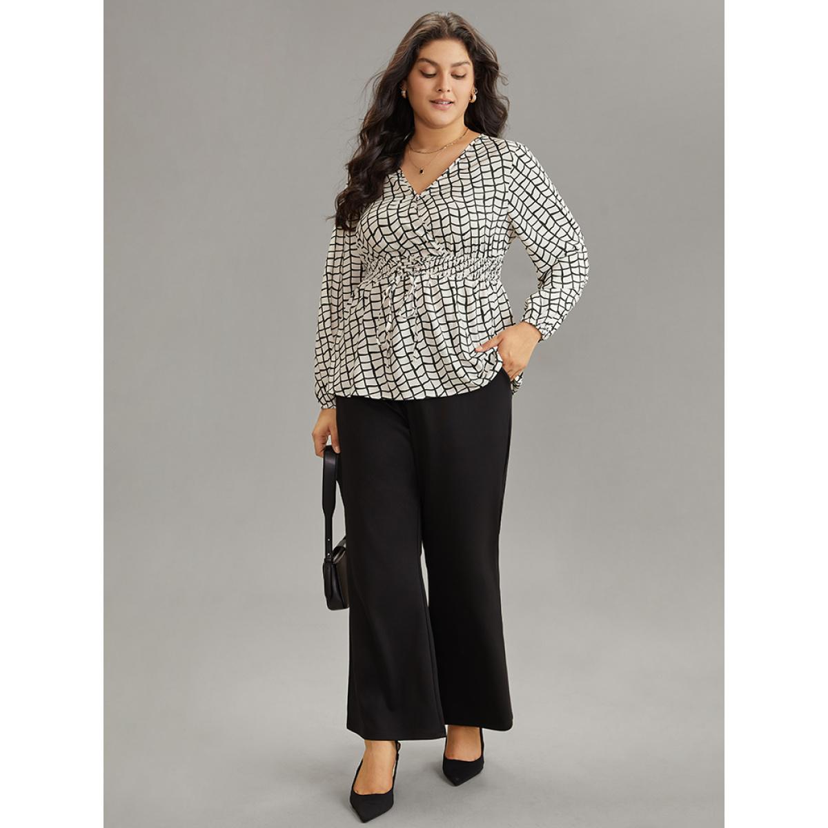 Plus Size White Plaid Lace Up Overlap Collar Shirred Blouse Women Office Long Sleeve Overlap Collar Work Blouses BloomChic 14-16/1X Product Image