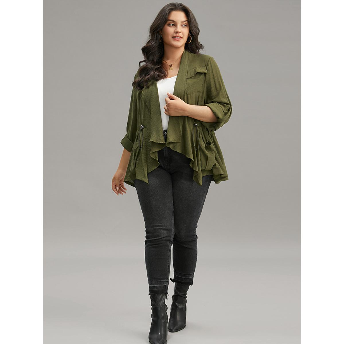 Plus Size Supersoft Essentials Plain Pocket Asymmetrical Drawstring Coat Women ArmyGreen Plain Pocket Dailywear Jackets BloomChic 26/4X Product Image