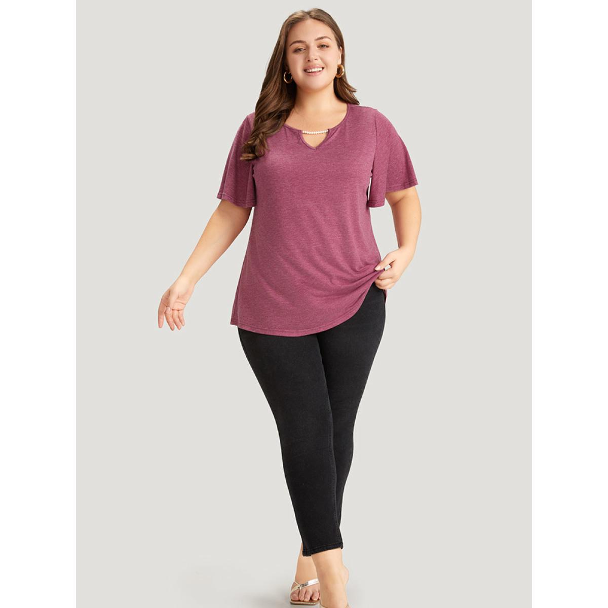 Plus Size Plain Keyhole Pearl Beaded Flutter Sleeve T-shirt RedViolet Women Elegant Cut-Out Plain Round Neck Dailywear T-shirts BloomChic 12/L Product Image
