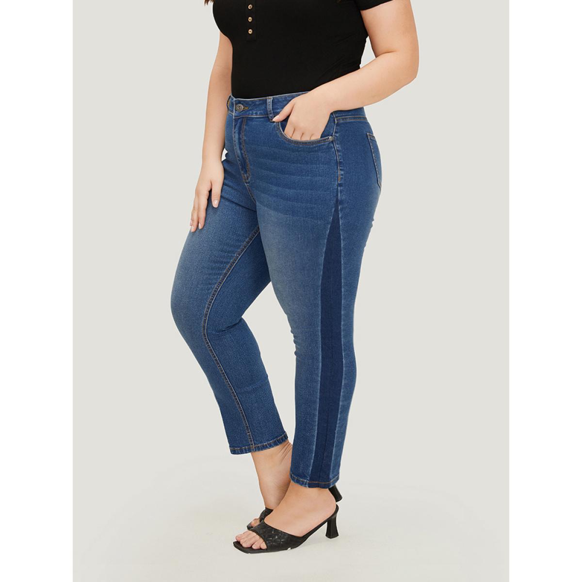 Plus Size Very Stretchy High Rise Medium Wash Contrast Patchwork Jeans Women Blue Casual Patchwork Contrast High stretch Pocket Jeans BloomChic 10/M Product Image