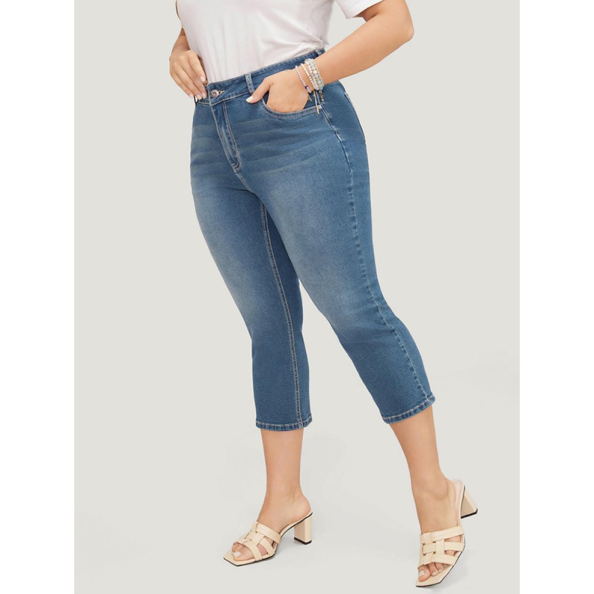 Plus Size Skinny Very Stretchy High Rise Medium Wash Cropped Jeans Women Indigo Casual Plain High stretch Side seam pocket Jeans BloomChic 20/2X Product Image