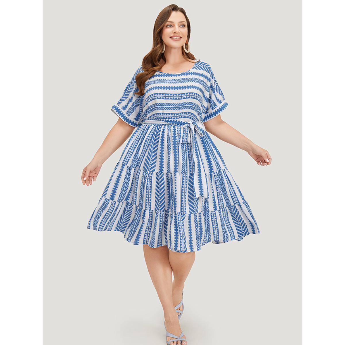 Plus Size Striped Geo Pocket Belt Pocket Layered Hem Dress LightBlue Women Vacation Tiered Round Neck Short sleeve Curvy Knee Dress BloomChic 26/4X Product Image