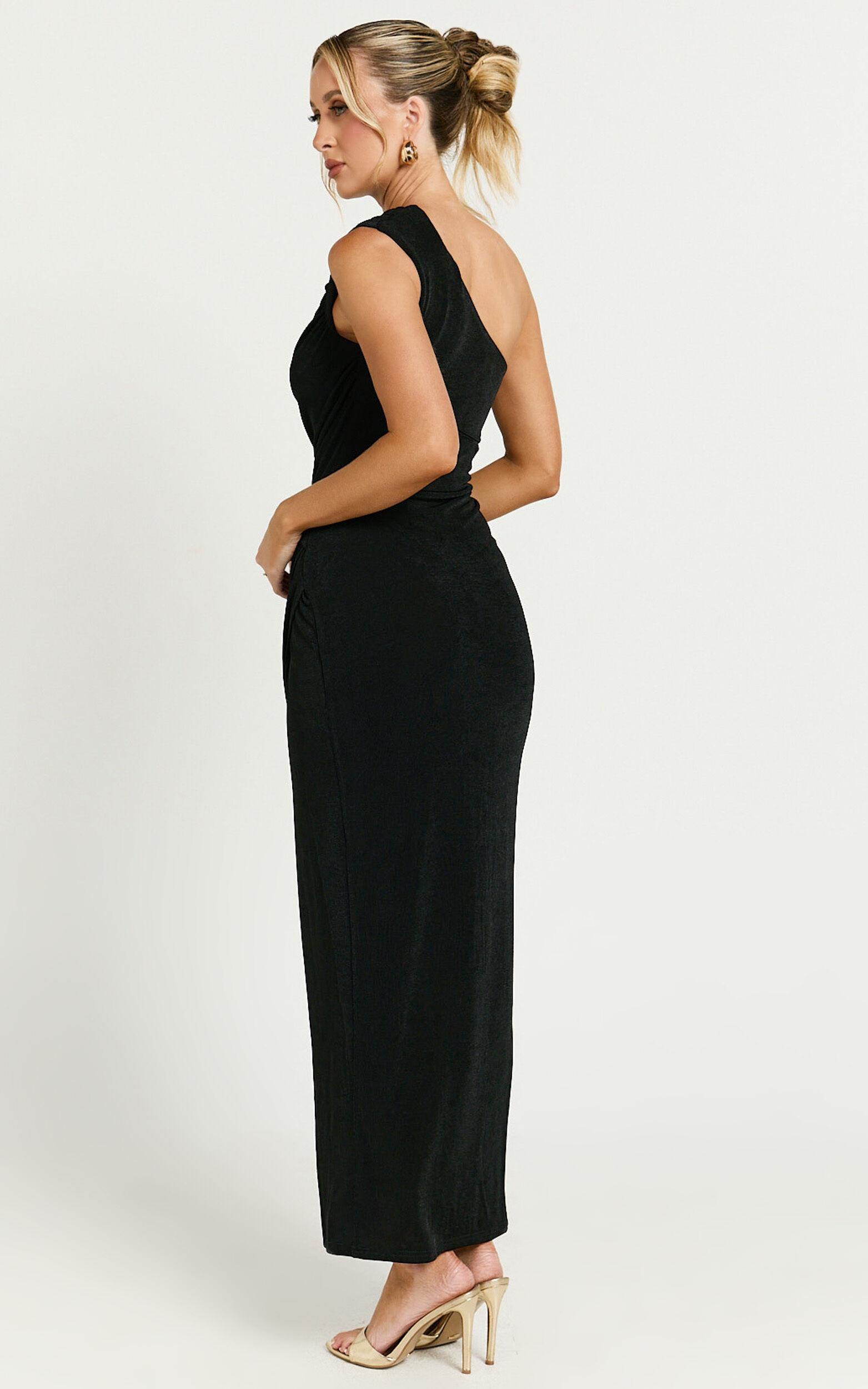 Cristle Midi Dress - One Shoulder Side Cut Out Thigh Split Dress in Black Product Image