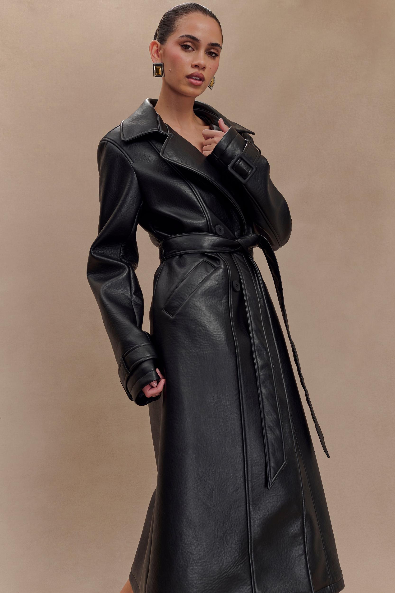 Tarah Faux Leather Trench Coat - Black Product Image