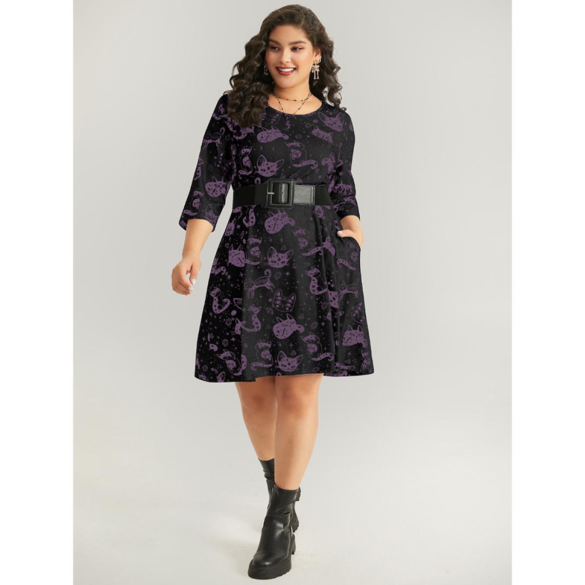 Plus Size Halloween Cat Print Buckle Detail Dress With Belt Black Women Casual Belted Round Neck Elbow-length sleeve Curvy Midi Dress BloomChic 22-24/3X Product Image
