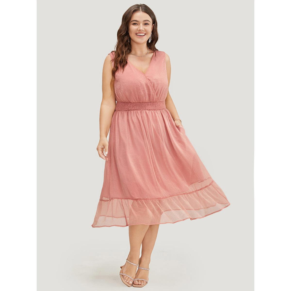 Plus Size Solid Pocket Ruffle Hem Wrap Shirred Tank Dress Pink Women Party Wrap V-neck Sleeveless Curvy Midi Dress BloomChic 22-24/3X Product Image