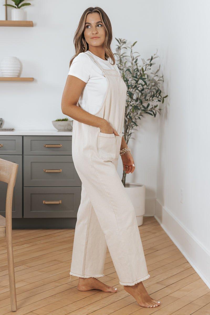 Oatmeal Cotton Denim Overalls - FINAL SALE Product Image