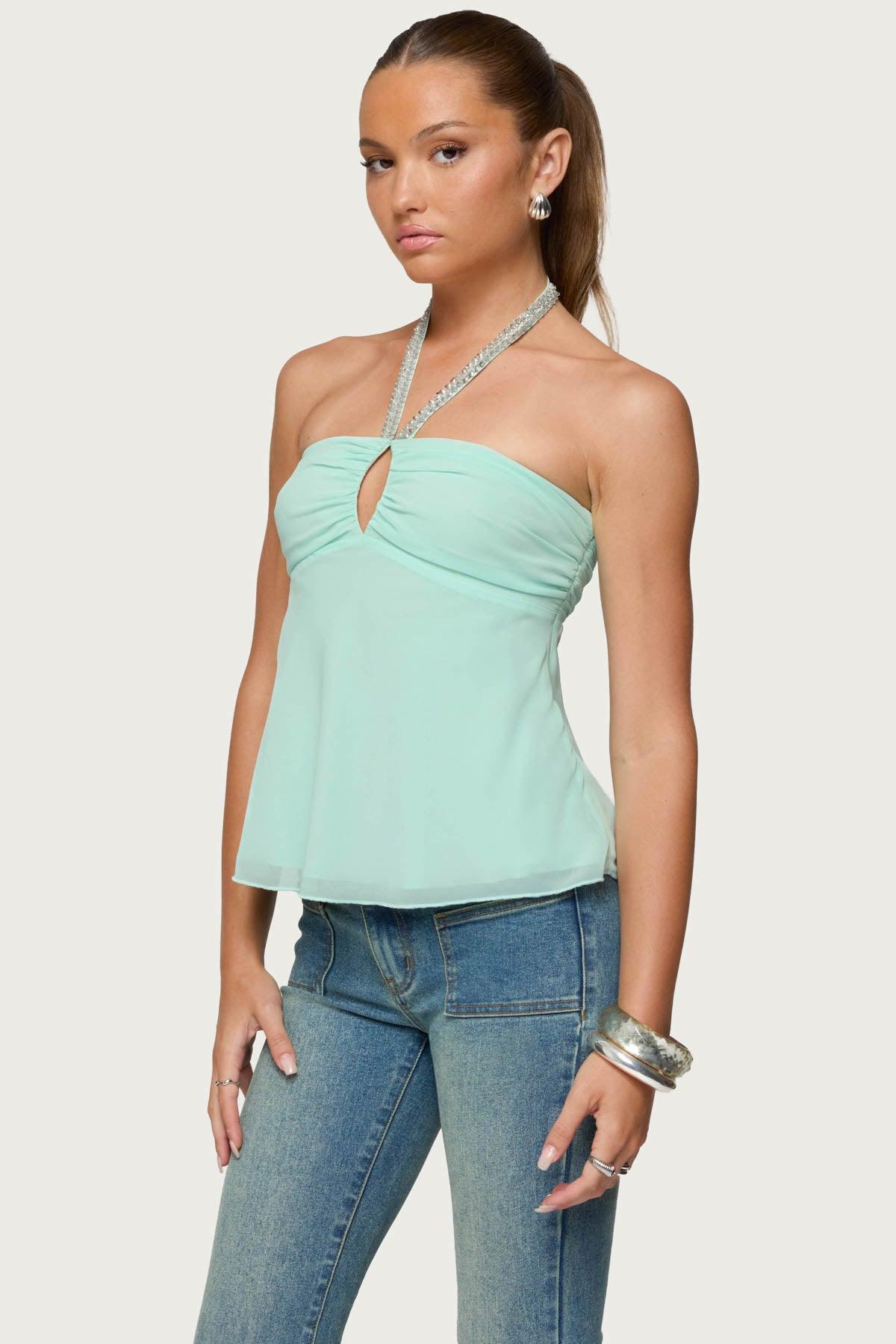 Sequin Chiffon Keyhole Halter Top Product Image