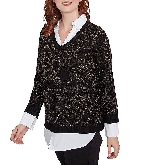 Ruby Rd. Mixed Media Metallic Floral Jacquard Collared Long Sleeve Pullover Layered Sweater Product Image
