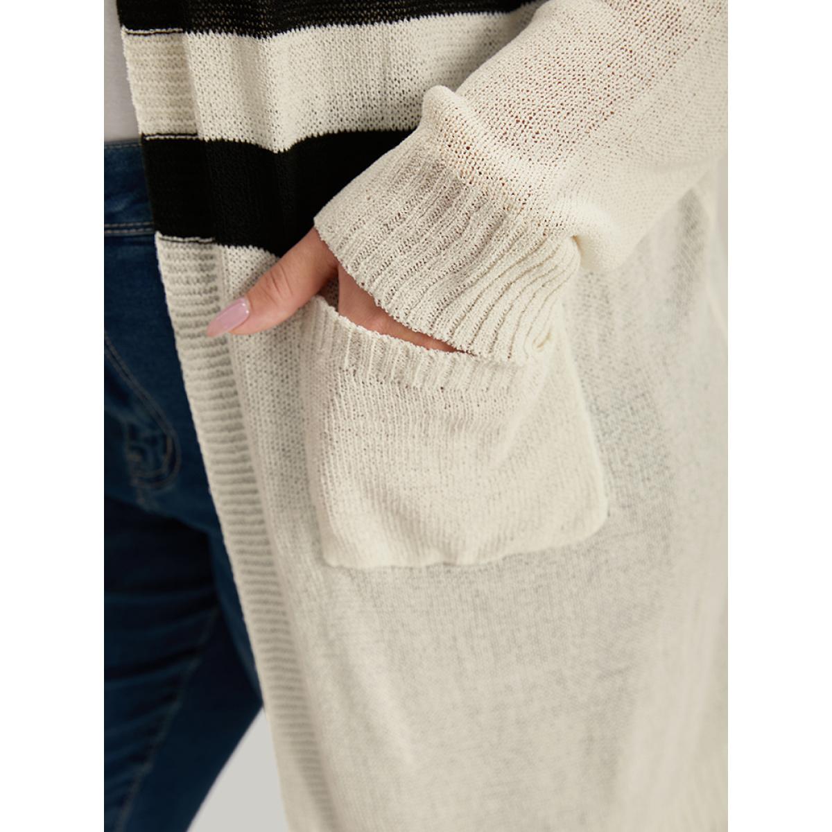 Plus Size Striped Pocket Open Front Cardigan Beige Women Casual Loose Long Sleeve Everyday Cardigans BloomChic 30/6X Product Image