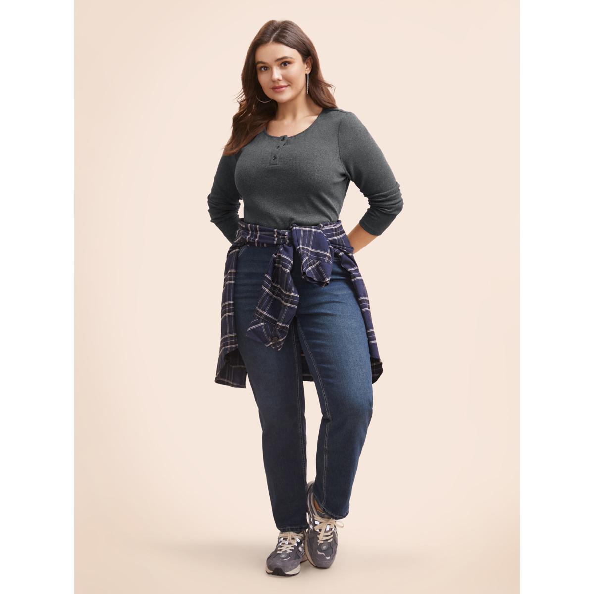 Plus Size Cotton Rib Knit Button Up T-shirt DimGray Women Casual Texture Round Neck Bodycon Everyday T-shirts BloomChic 10/M Product Image