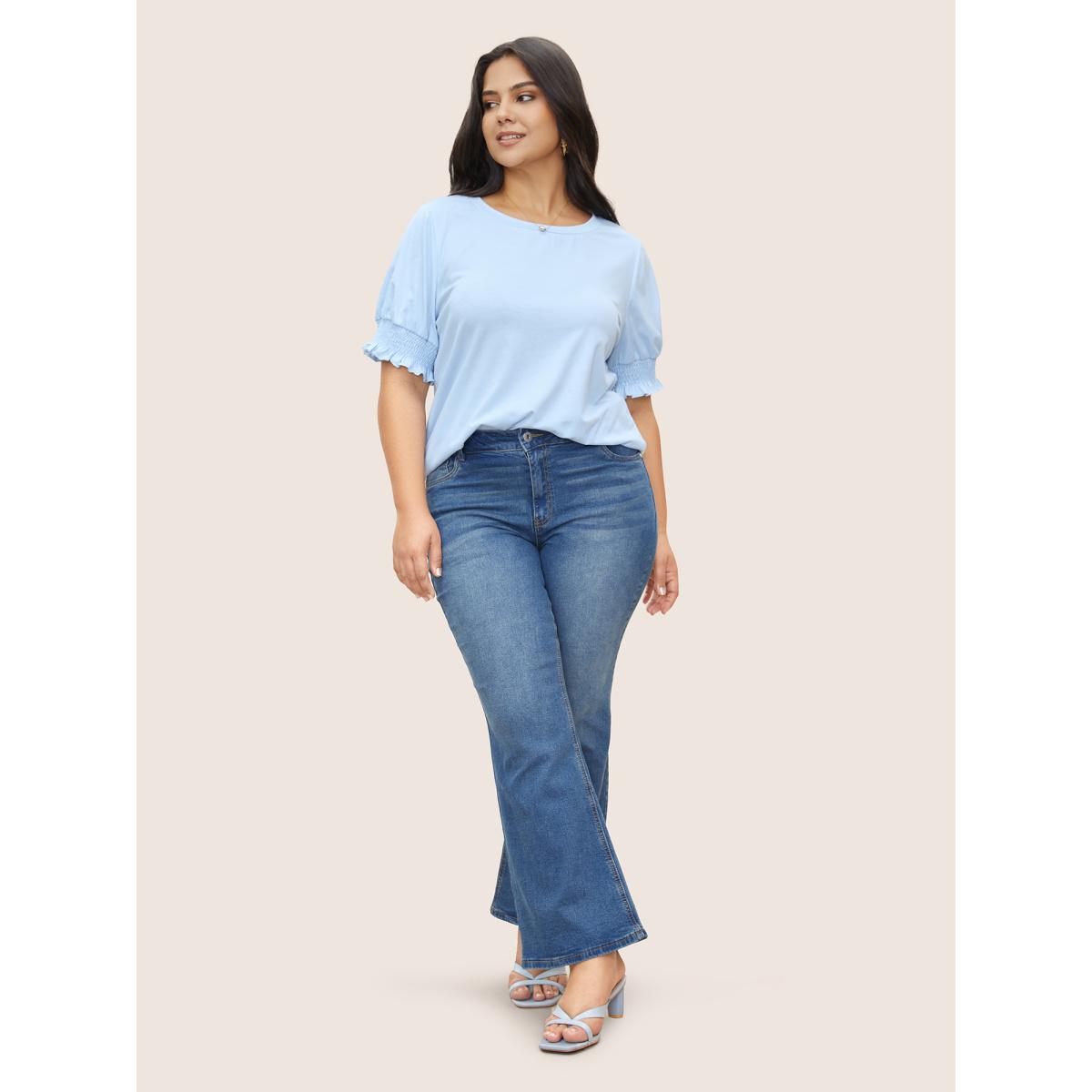 Plus Size Round Neck Solid Shirred Puff Sleeve T-shirt LightBlue Women Elegant Shirred Round Neck Everyday T-shirts BloomChic 12/L Product Image