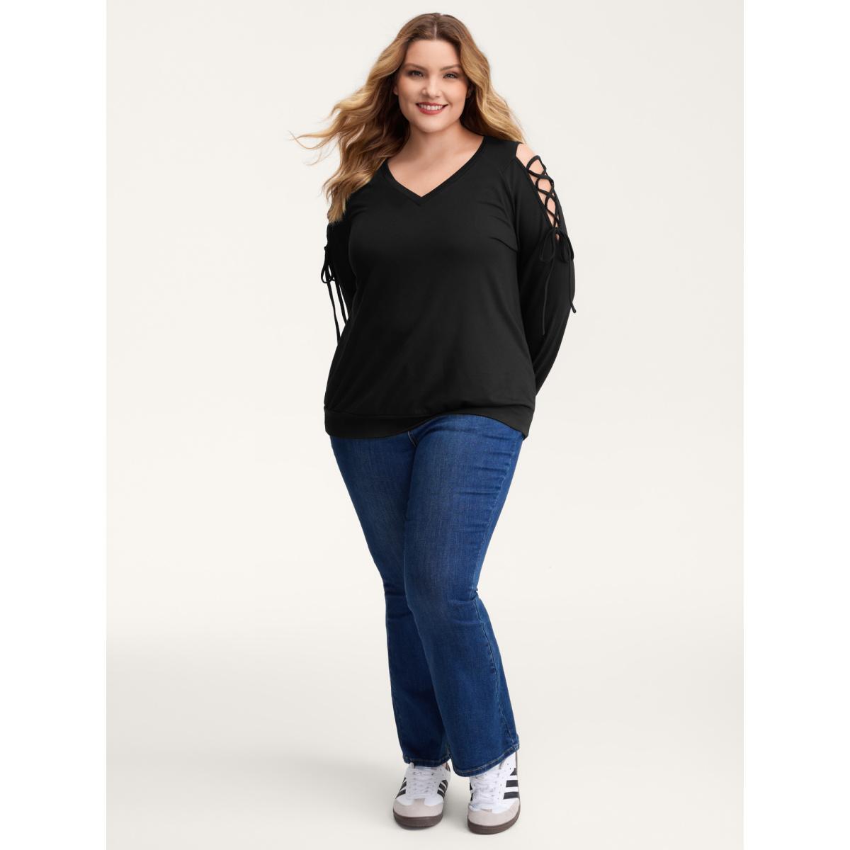 Plus Size Shoulder Crosstie Design V-Neck Sweatshirt Women Black Leisure Cross straps V-neck Casual Sweatshirts BloomChic 30/6X Product Image