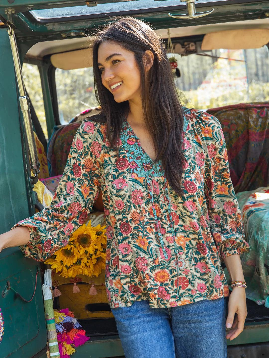 Rowan Top - Navy Red Feathers Product Image