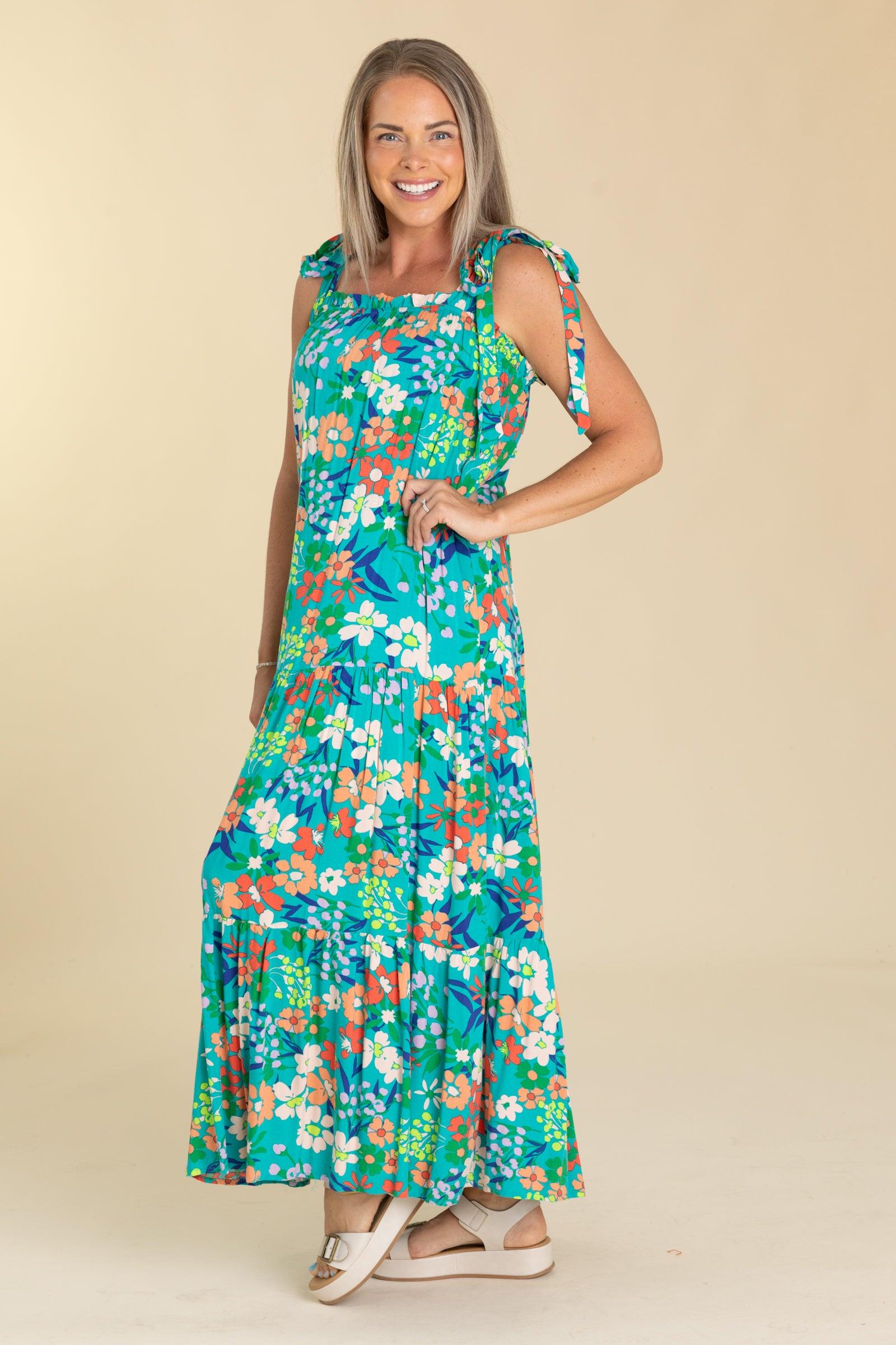 Teal Multicolor Floral Print Maxi Dress Product Image