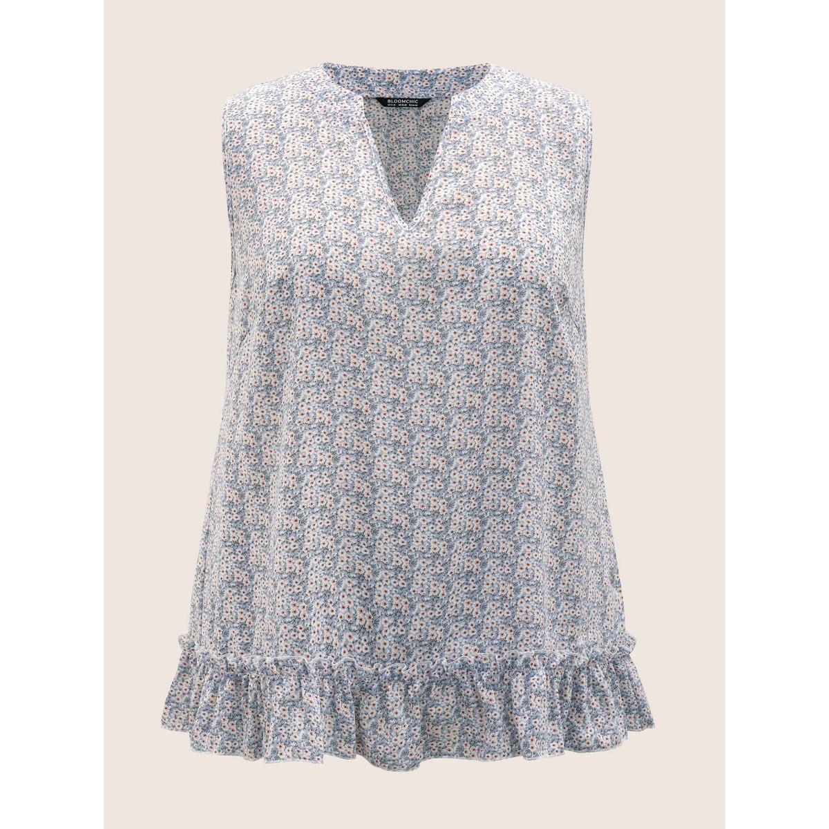 Plus Size Ditsy Floral Patchwork Ruffle Hem Tank Top Women Stone Elegant Frill Trim Notched collar Everyday Tank Tops Camis BloomChic 10/M Product Image
