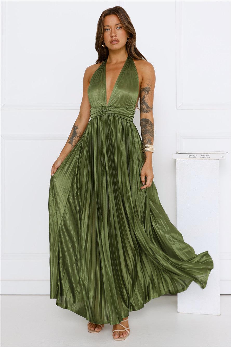 Shimmering Sea Pleated Halter Maxi Dress Olive Product Image
