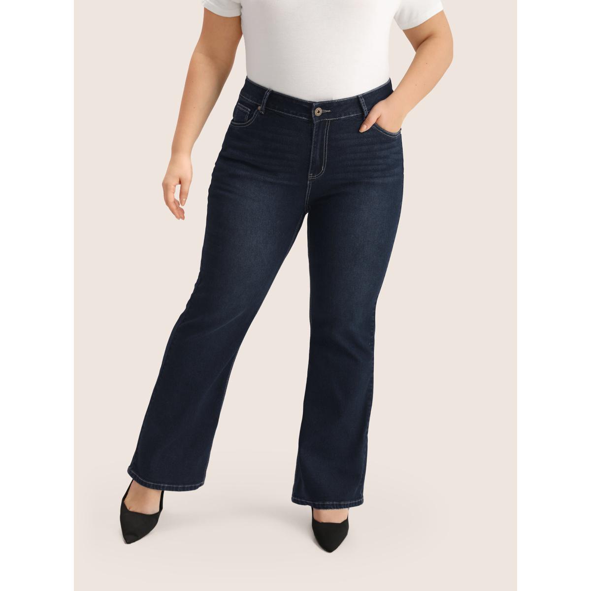 Plus Size Plain Bootcut Pocket Zipper Fly Jeans Women DarkBlue Casual Plain Non High stretch Slanted pocket Jeans BloomChic 24/3X Product Image