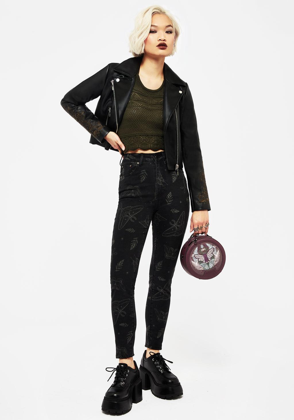 Callopistria Moth Print Denim Skinny Jeans Product Image