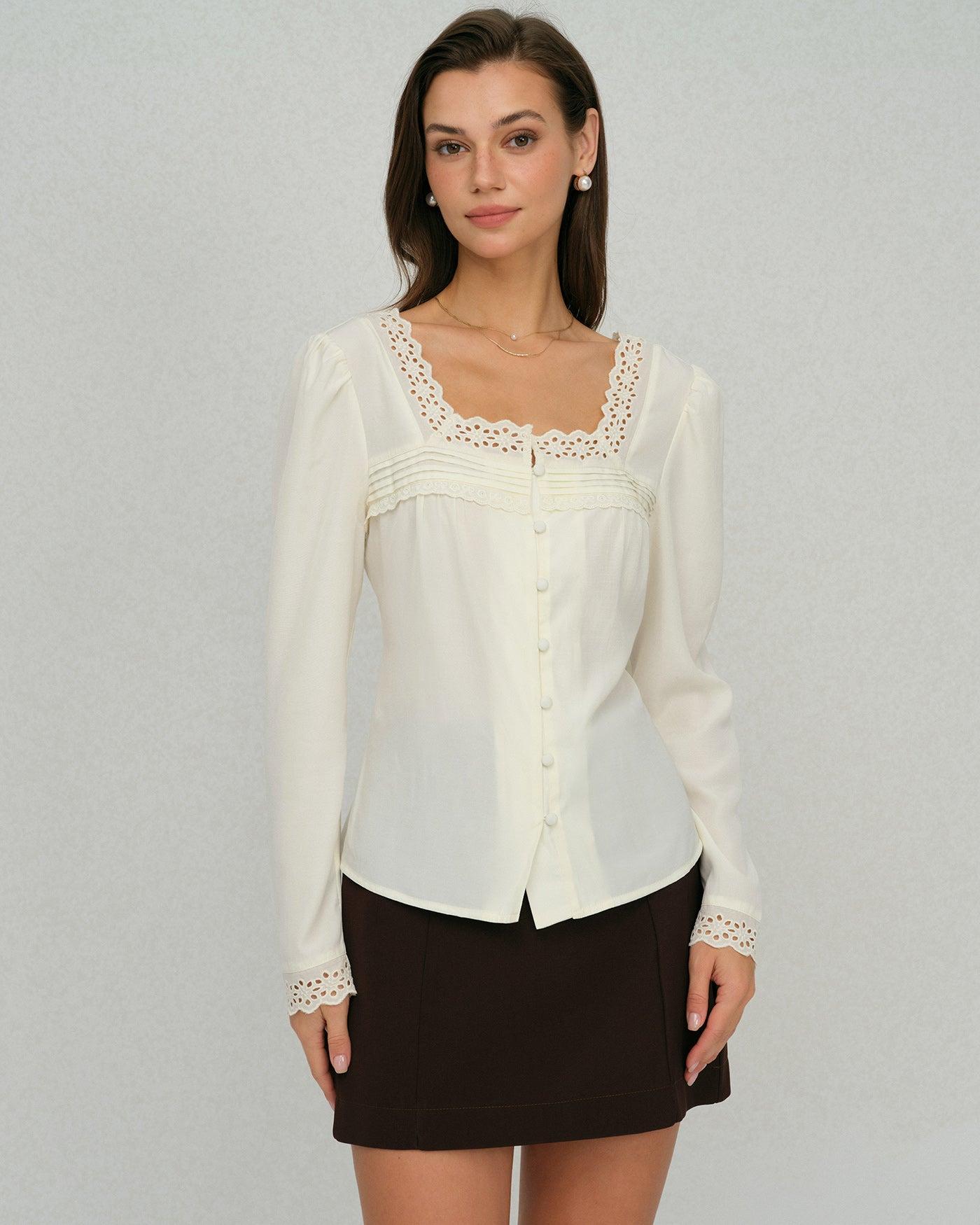 Beige Square Neck Lace Blouse Product Image