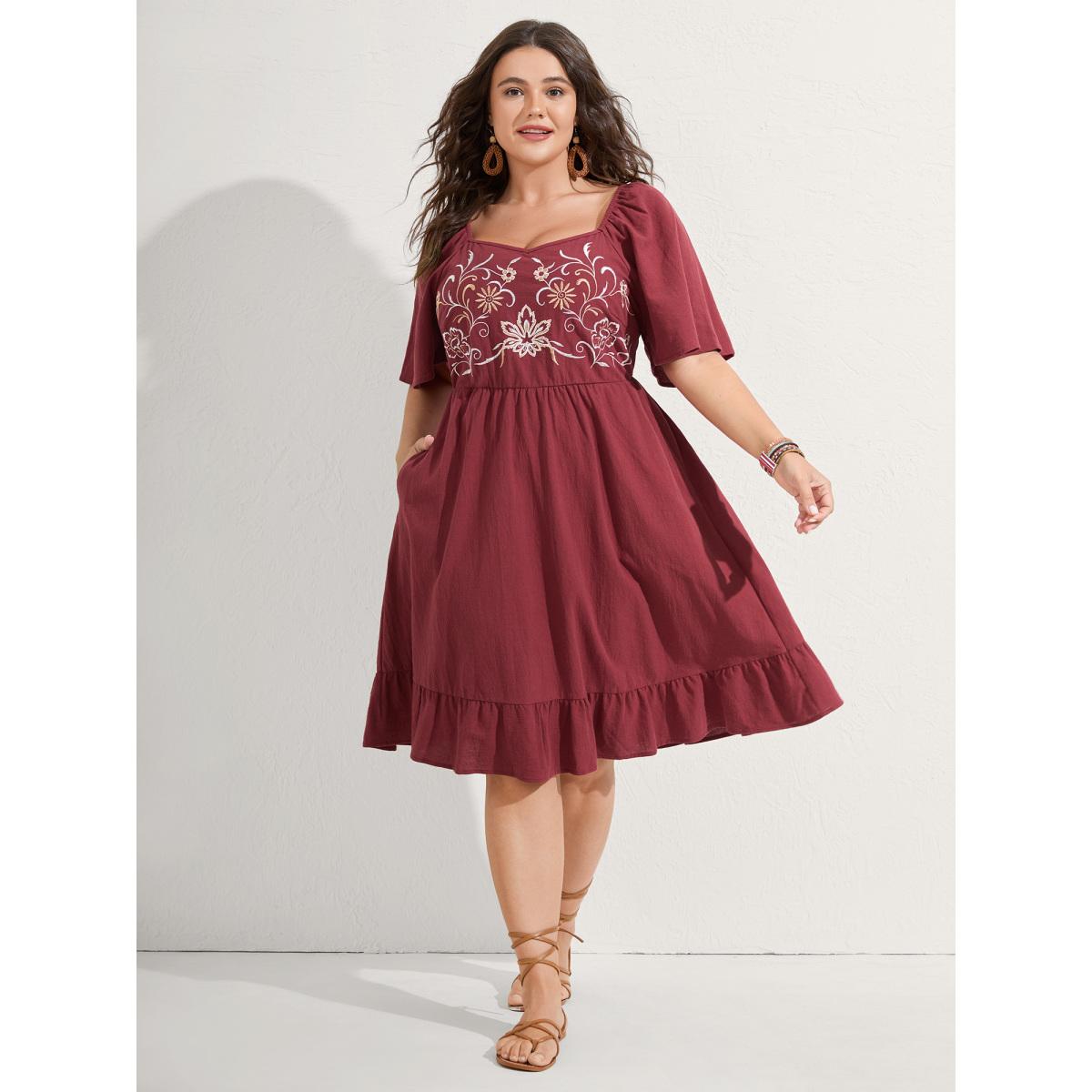 Plus Size Pure Cotton Floral Embroidered Midi Dress Burgundy Women Boho Embroidered Heart neckline Short sleeve Curvy BloomChic 28/5X Product Image