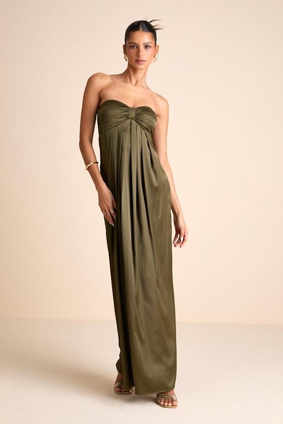 Memorable Entrance Olive Green Strapless Satin Maxi Dress Product Image