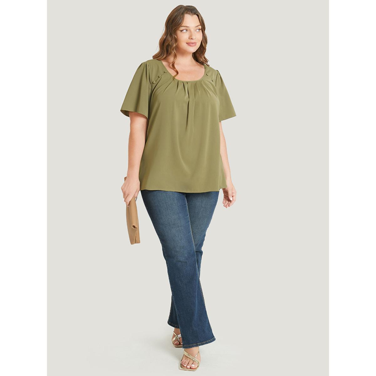 Plus Size SpringGreen Solid Pleated Button Detail Blouse Women Office Short sleeve Round Neck Office Blouses BloomChic 10/M Product Image