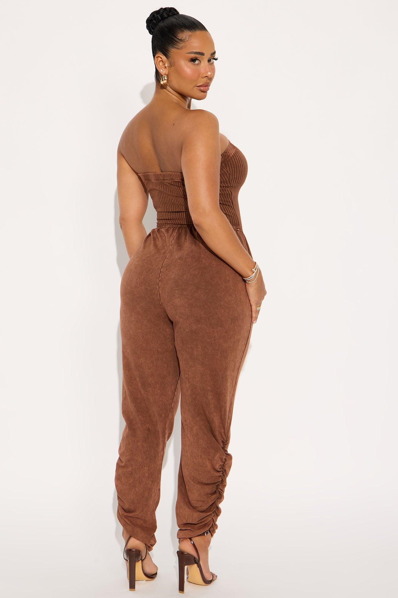 No Rush Washed Barrel Leg Jumpsuit - Brown Female Product Image