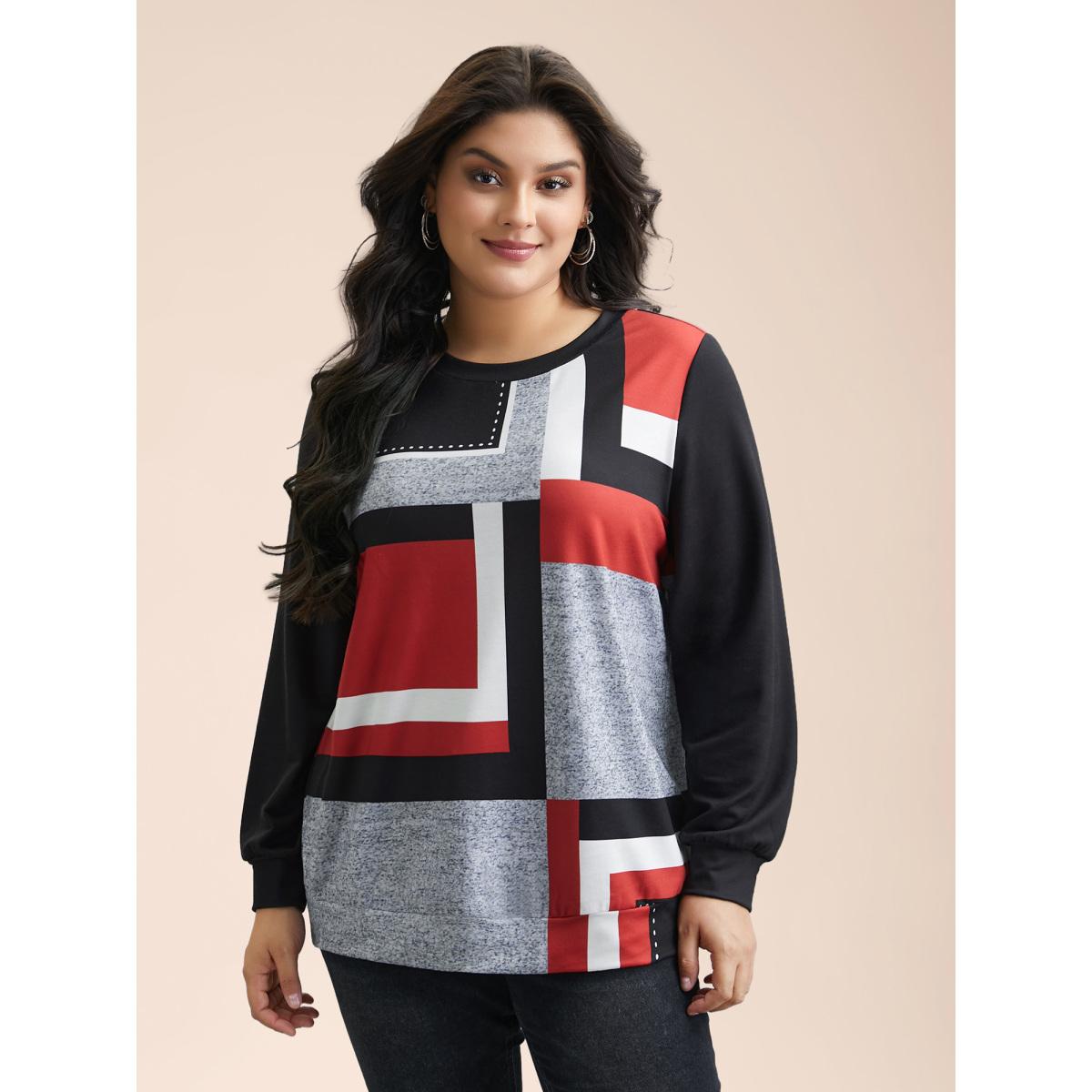 Plus Size Geometric Print Round Neck Fitted Sweatshirt Women Multicolor Casual Contrast Round Neck Everyday Sweatshirts BloomChic 14-16/1X Product Image
