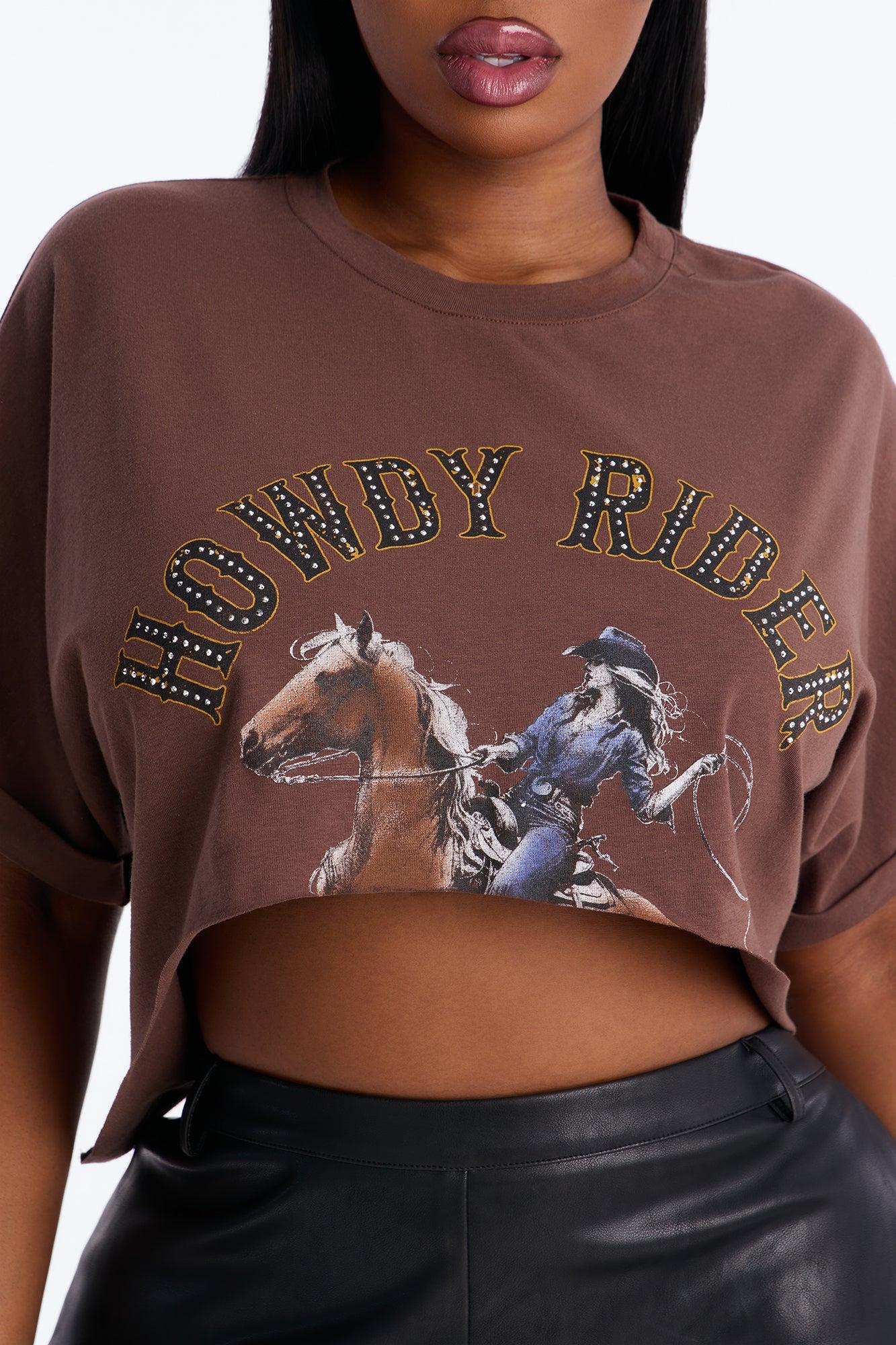 Howdy Rider Rhinestone Cropped Tee - Brown Female Product Image