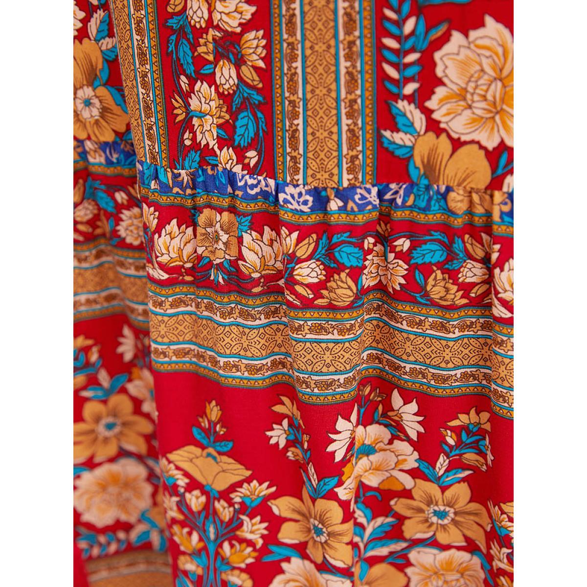 Plus Size Indigo Bandana Print Tie Neck Tassels Batwing Sleeve Blouse Women Vacation Short sleeve Tie Neck Dailywear Blouses BloomChic 10/M Product Image