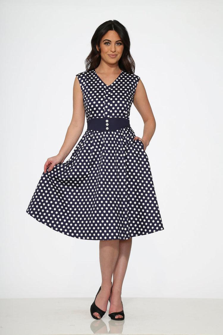 Navy Blue White Polka Dot Swing Dress Product Image