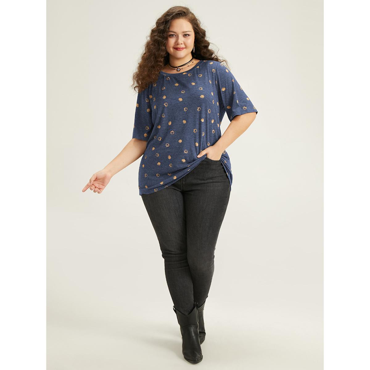 Plus Size Halloween Pumpkin Print Crew Neck T-shirt Indigo Women Casual Printed Graphic-Halloween Round Neck Festival-Halloween T-shirts BloomChic 30/6X Product Image