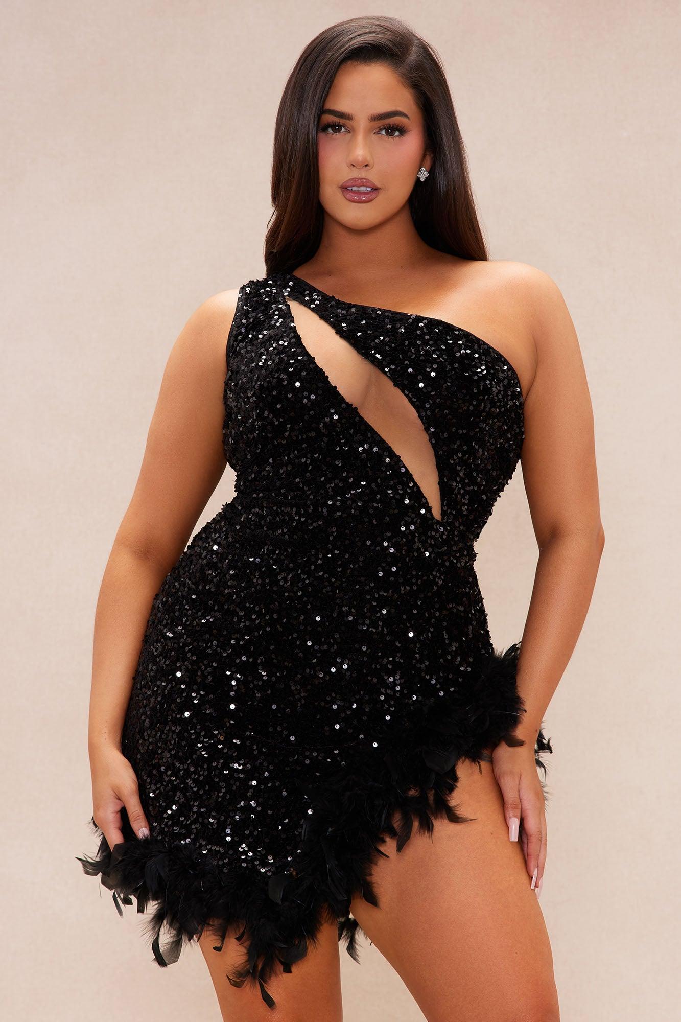 Esme Sequin Feather Mini Dress - Black Product Image