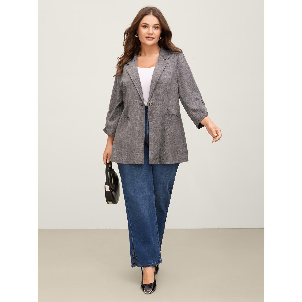 Plus Size Waist-Defining Panels Pockets Solid Blazer Black Women Office Gathered Sleeve Three Quarter Length Sleeve Suit Collar 22-24/3X Slanted pocket Office Blazers BloomChic Product Image