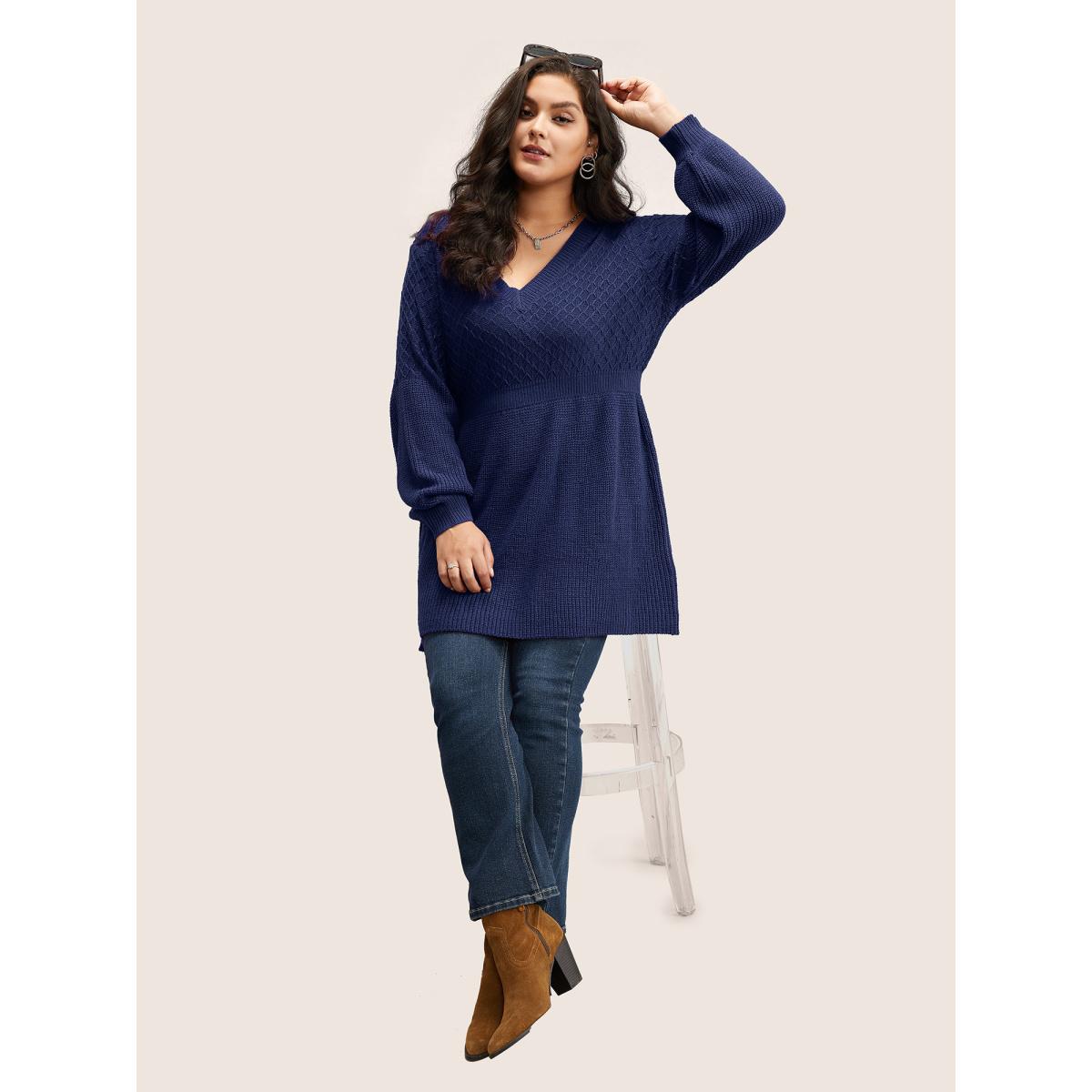 Plus Size Plain Plisse Lantern Sleeve A Line Pullover Indigo Women Elegant Long Sleeve V-neck Everyday Pullovers BloomChic 14-16/1X Product Image