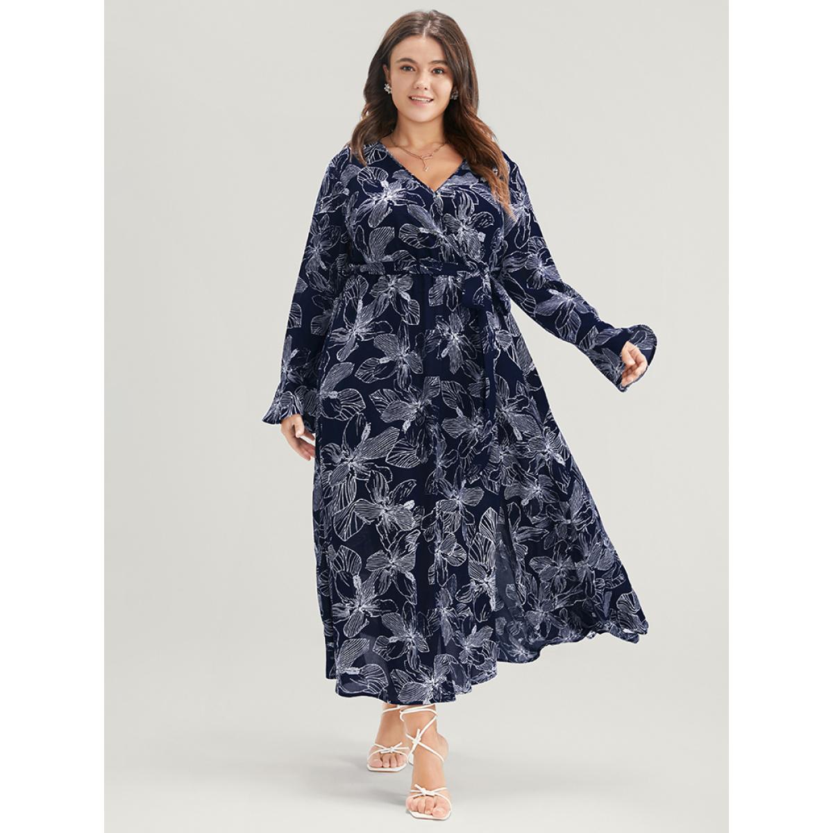 Plus Size Floral Print Belted Pocket Split Hem Wrap Dress DarkBlue Women Elegant Pocket V-neck Long Sleeve Curvy Midi Dress BloomChic 14-16/1X Product Image