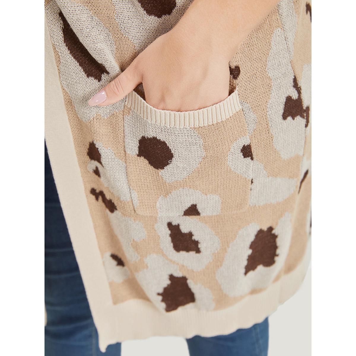 Plus Size Leopard Print Open Front Patched Pocket Cardigan Leopard Women Casual Loose Long Sleeve Dailywear Cardigans BloomChic 12/L Product Image