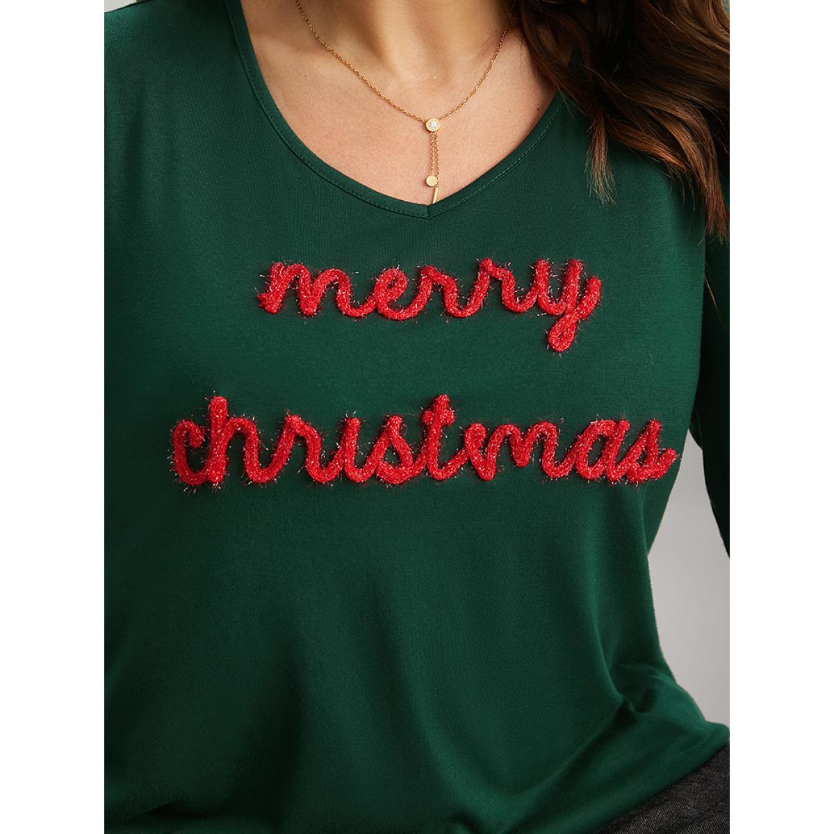 Plus Size Christmas Letter Embroidered Contrast T-shirt DarkGreen Women Casual Contrast Christmas Festival-Christmas T-shirts BloomChic 22-24/3X Product Image