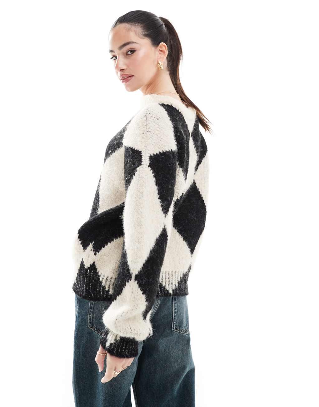 ASOS DESIGN wool blend knitted sweater with argyle pattern in black and white Product Image