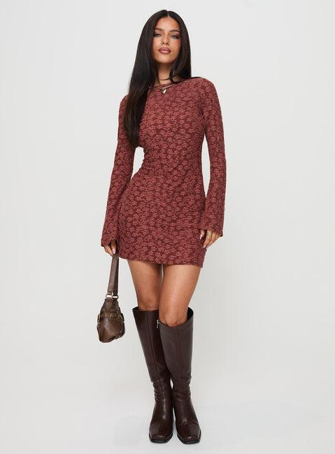 Primrosa Long Sleeve Mini Dress Burgundy Product Image