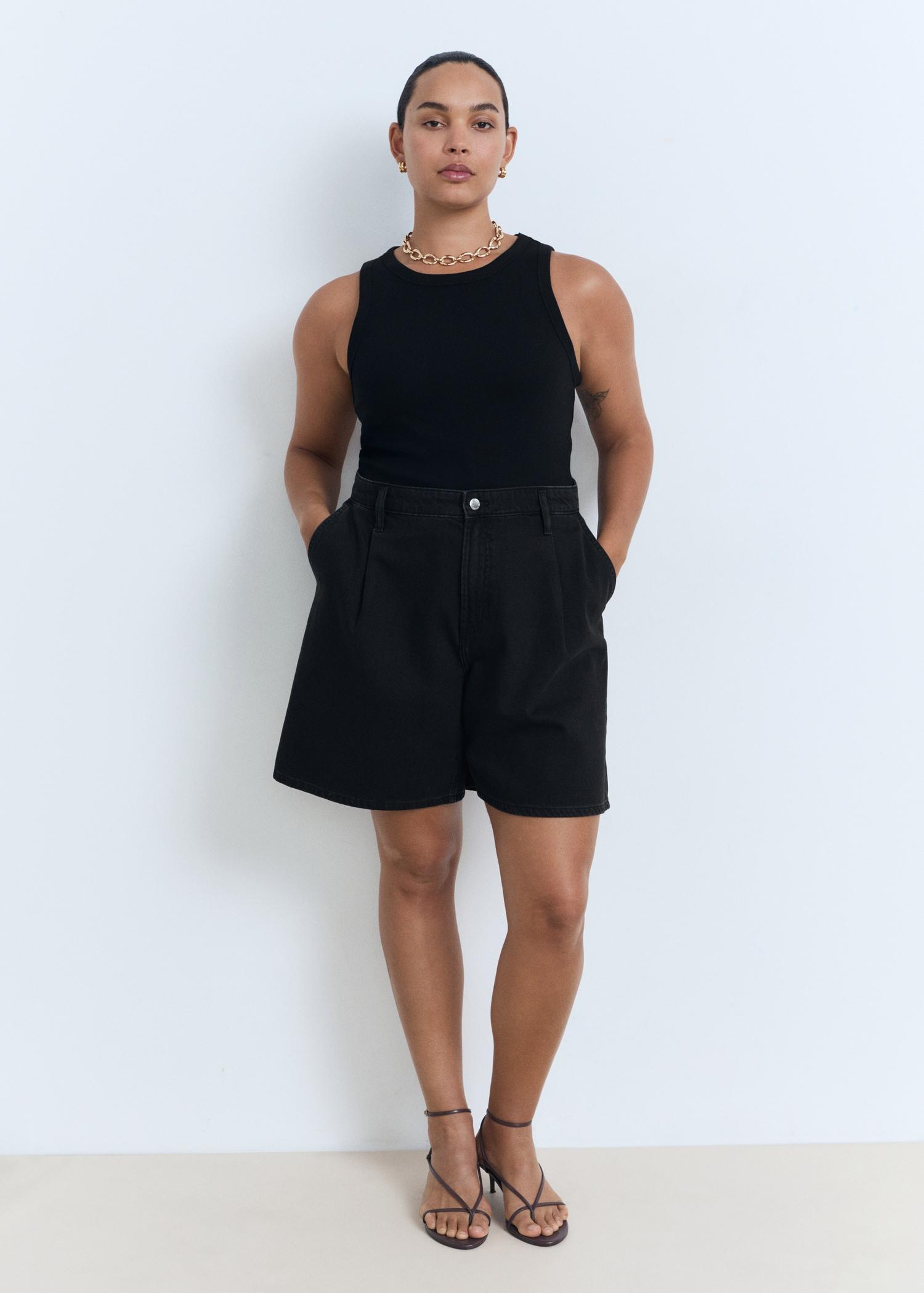 Mid-rise denim bermuda shorts with pleats - Women | MANGO USA Product Image