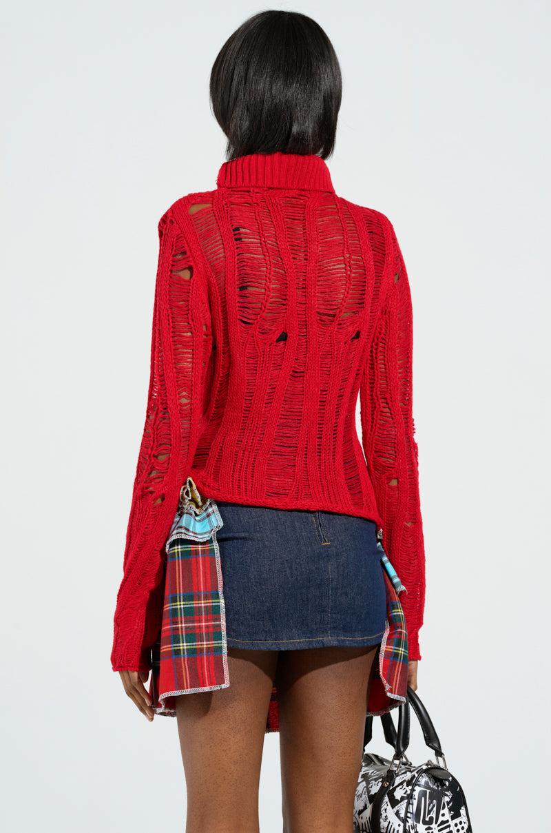 SEXY LOOSE WEAVE HIGH NECK SWEATER IN RED Product Image