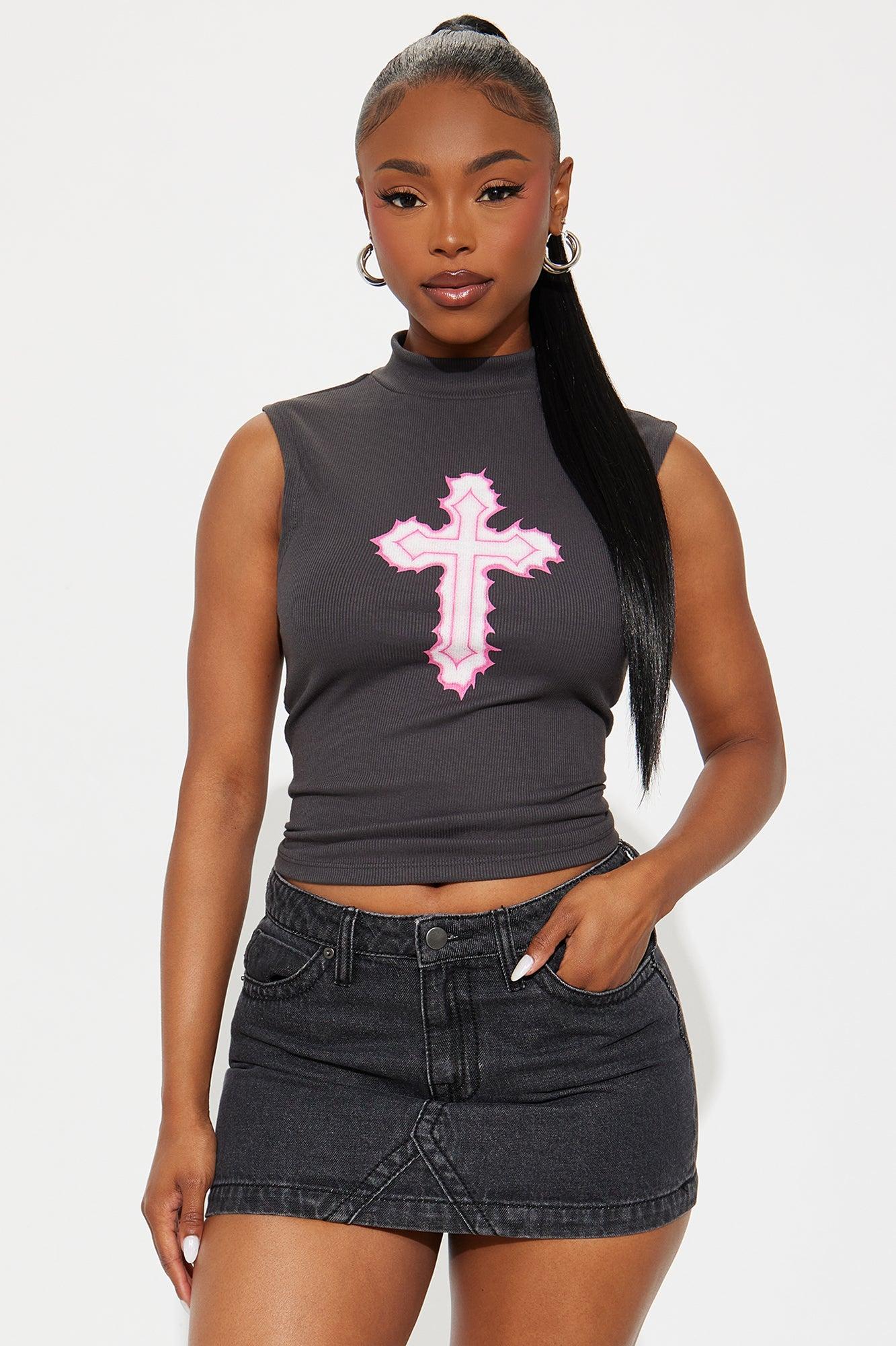 Edgy Cross Ribbed Top - Charcoal Female Product Image